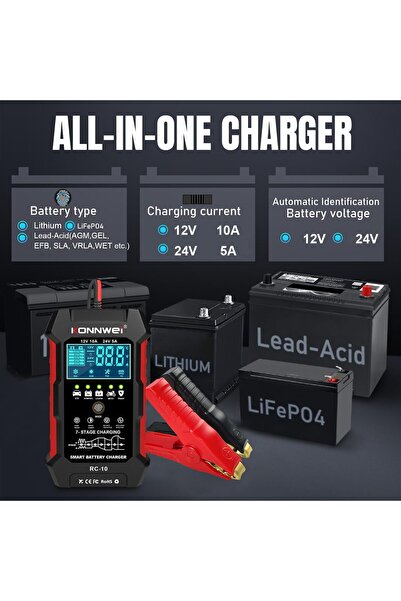 erorex شاحن بطارية سيارة 12 فولت 10 أمبير 24 فولت 5 أمبير، جل إصلاح نبضات البطارية 7 مراحل/Agm/Wet/Lifepo4/Lithium/Rosed