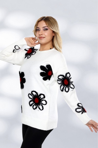 NEWCO Knitwear Fabric Long Sleeve Feather Daisy Patterned Relaxed Fit Women's Sweater