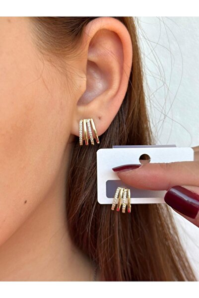 BY YASİN TOPÇU Steel Three Row Zircon Illusion Hoop Earrings – Gold
