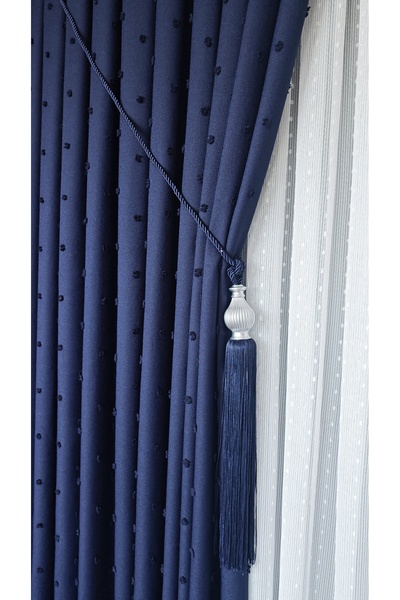 Yuka Linen Textured Pompom Navy Blue Panel Background Curtain Luxury Heavy Weight Single Wing 1/3 Squeeze Pleated