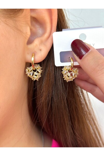 BY YASİN TOPÇU Steel Baguette Zircon Heart Hoop Earrings – Gold
