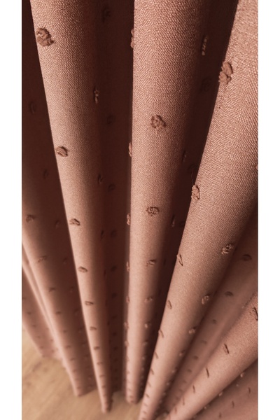 Yuka Linen Textured Pompom Brown Panel Backdrop Curtain Luxury Heavy Weight Tek Wing 1/3 Squeeze Pleated