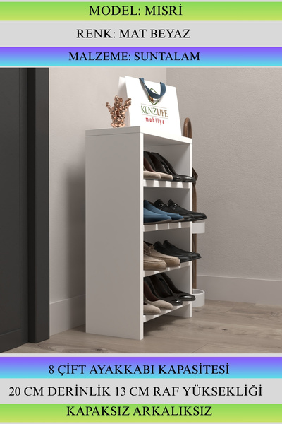 Kenzlife Ayakkabılık Mısri Mat Beyaz Suntalam 065*040*20 Sekiz Çift Ayakkabı Kapasitesi Arkalıksız