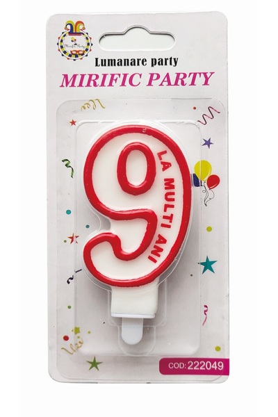 SDX Market Cake candle, number 9, white with red border