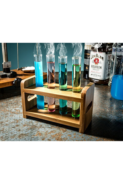 Gadget Master Set Shot Glasses Test Tube with Wooden Support 4 Pieces 50 ml