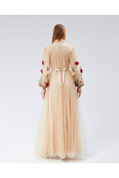 Asees Balloon Sleeve Tulle Flower Detail Embroidered Hijab Evening Dress