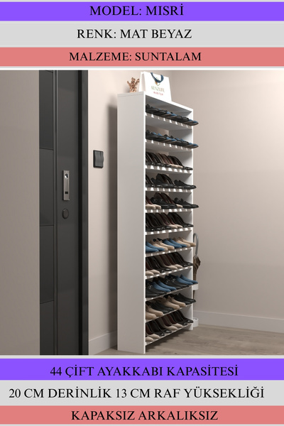 Kenzlife Ayakkabılık Mısri Mat Beyaz Suntalam 170*080*20 Kırkdört Çift Ayakkabı Kapasitesi Arkalıksız