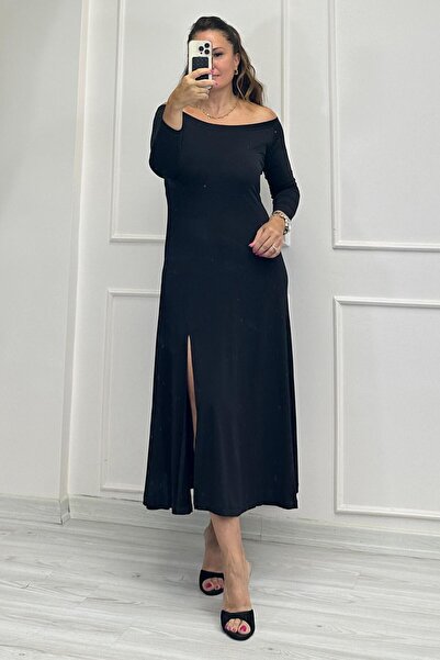 Mine Sabuncuoğlu İsalina Tek Yırtmaçlı Elbise Siyah