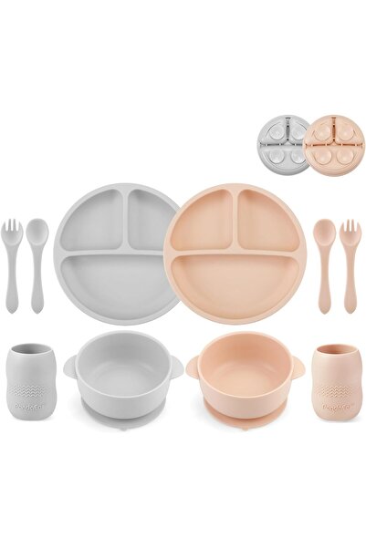 erorex Silicone Baby Feeding Set2 Divided Suction Plate + 2 Suction Bowl + 2 Tiny Cup 2 SpoonsBaby Led