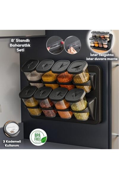 AC BOX 1121 Stand 360 °   Spice Rack Set with Rotating Lid and Label - Food Storage Container Black Ac Box 861