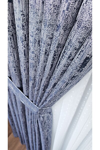Yuka Panel Background Curtain Navy Blue Gray Marble Pattern Gray Single Wing 1/3 Frequently Pleated Luxury Series Heavy Weight