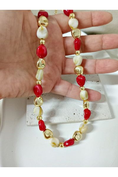 mos&more Burgundy Cream Gold Beaded Stylish Women's Necklace