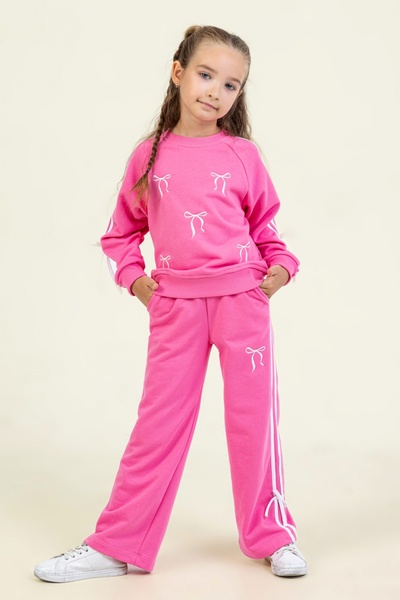 DMB BOYS & GIRLS Girl's Bow Patterned Tracksuit Set with Stripes on the Sides and Elastic Waist Comfortable Fit