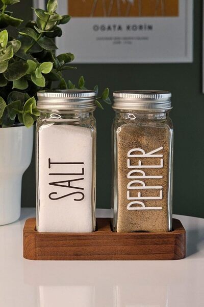 AC BOX 120 ml Glass Salt and Pepper Shaker Set with Stand – Silver Lid, Label, Transparent Spice Jar, Air