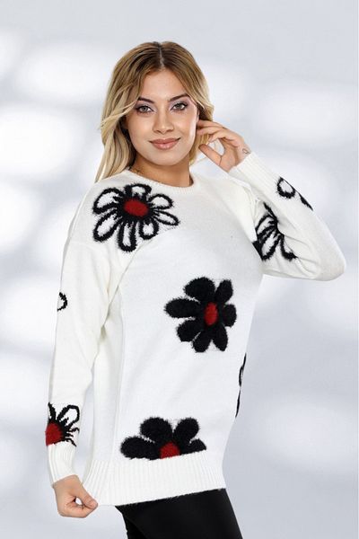 NEWCO Knitwear Fabric Long Sleeve Feather Daisy Patterned Relaxed Fit Women's Sweater