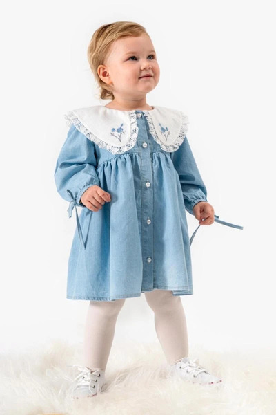 Little Ya Ya Love Misty Baby Girl Embroidery Fisto Collar Buttoned Denim Dress