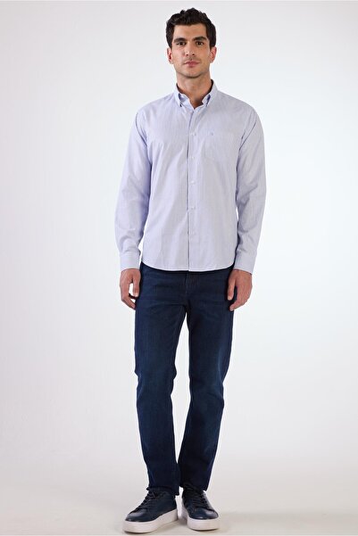 Dufy Açık Mavi Çizgili Desen Uzun Kol Regular Fit Erkek Gömlek