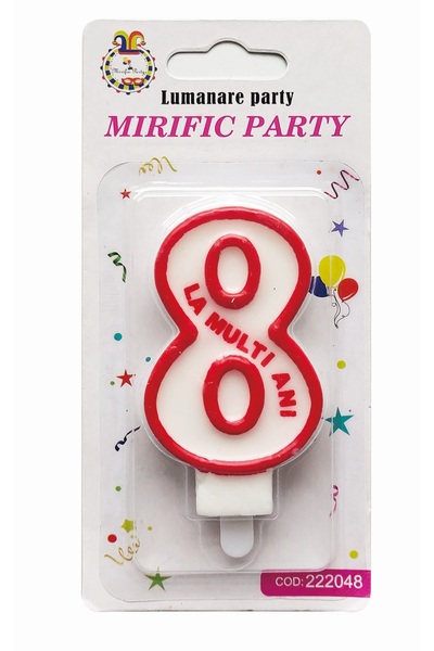 SDX Market Cake candle, number 8, white with red border