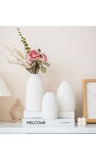 Generic MIXDE White Ceramic Vase for Decor Modern Minimalist Decor Vase Set of 3 Neutral Small Ribbed Vases