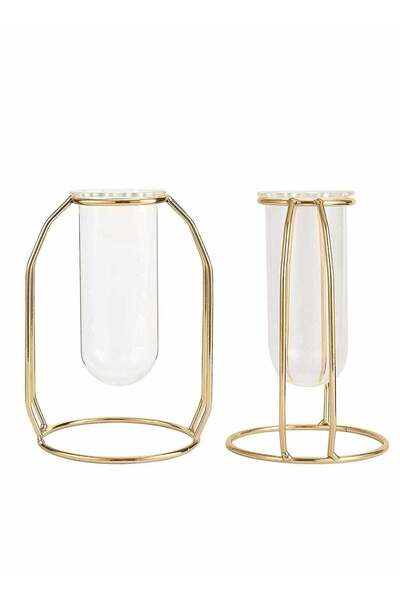 Generic Elegant Glass Flower Vase with Gold Metal Frame, Test Tube Design for Hydroponic Plants, Perfect fo