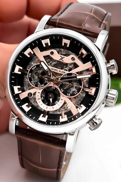 Daniel Klein Automatic Mechanism Leather Cord Steel Case Men Wrist Watch Coffee-Silver Zmdk1194