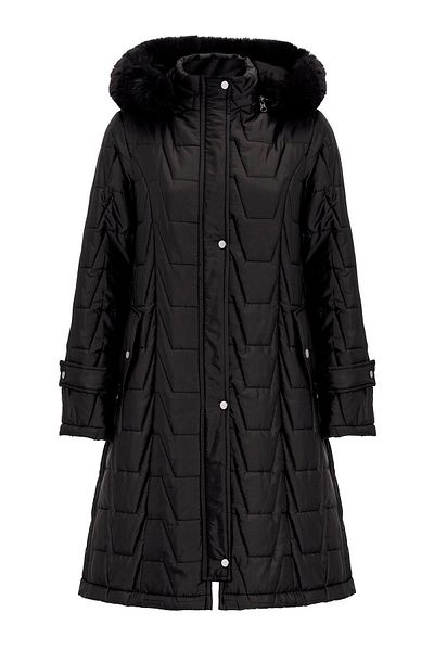 Olcay Removable Fur Hooded Zipper Closure Quilted Coat Black 6779