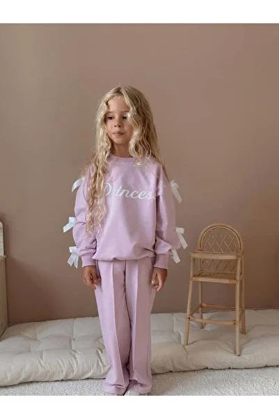 YİGİT BUTİK Bow Detailed Printed Girl's Top and Bottom Set
