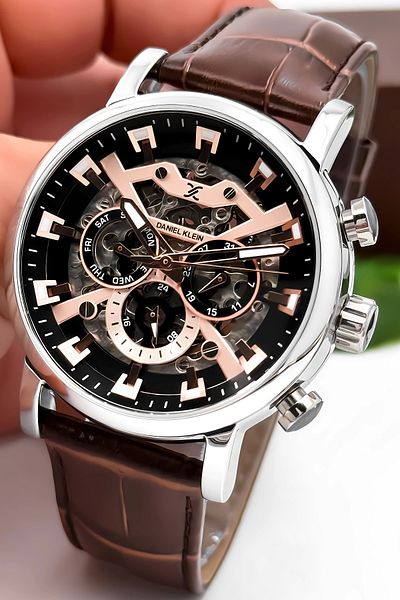 Daniel Klein Automatic Mechanism Leather Cord Steel Case Men Wrist Watch Coffee-Silver Zmdk1194