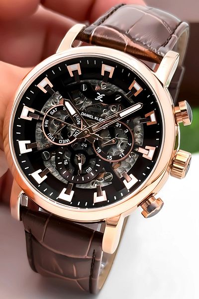 Daniel Klein Automatic Mechanism Leather Cord Steel Case Men Wrist Watch Coffee-Rose Zmdk1194