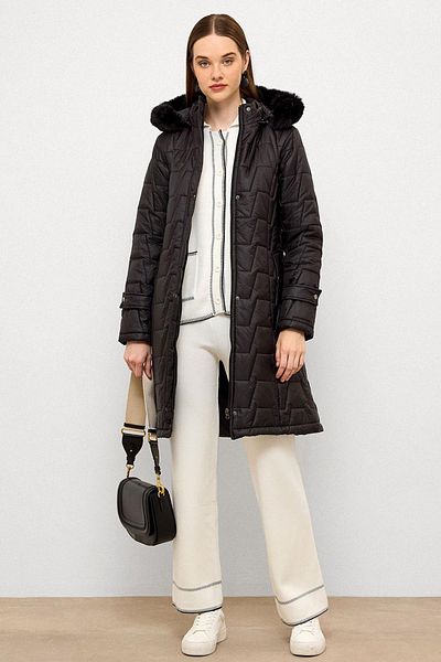 Olcay Removable Fur Hooded Zipper Closure Quilted Coat Black 6779