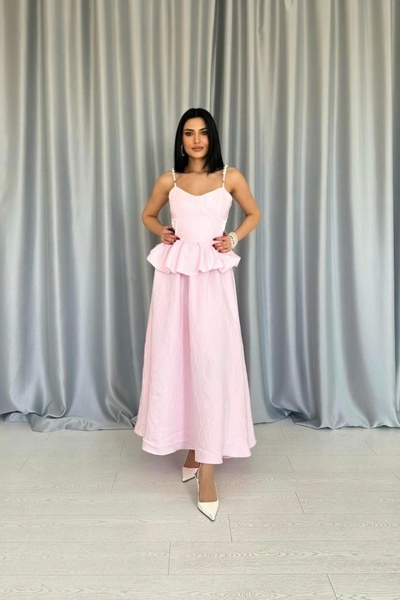 Silerra Pink Waist Gathered Pearl Strap Long Dress