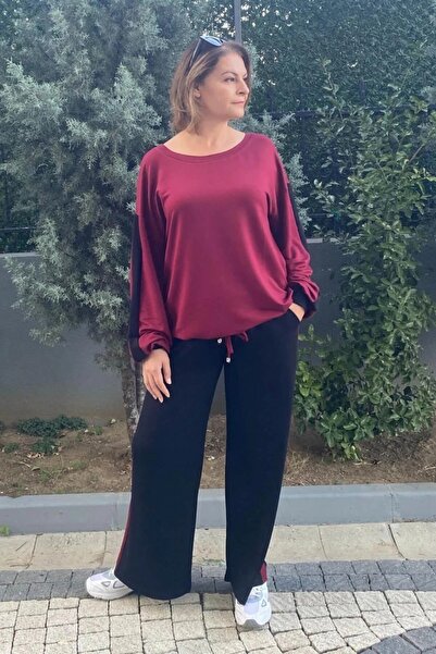 Mia Butik Plus Size Burgundy Mehita Sweatpants Set