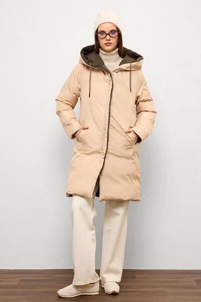 Olcay Hooded Two-Color Double-Sided down Jacket Khaki-Stone 5371