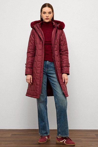 Olcay Removable Fur Hooded Zipper Closure Quilted Coat Bordo 6779