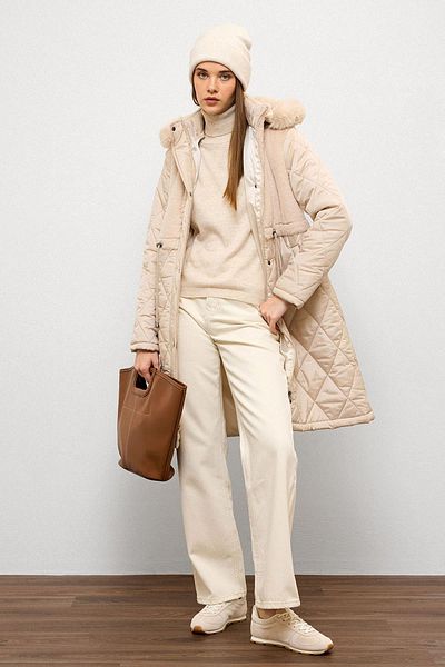 Olcay Removable Fur Hooded Plush Garnished Quilted Coat Taş 6781