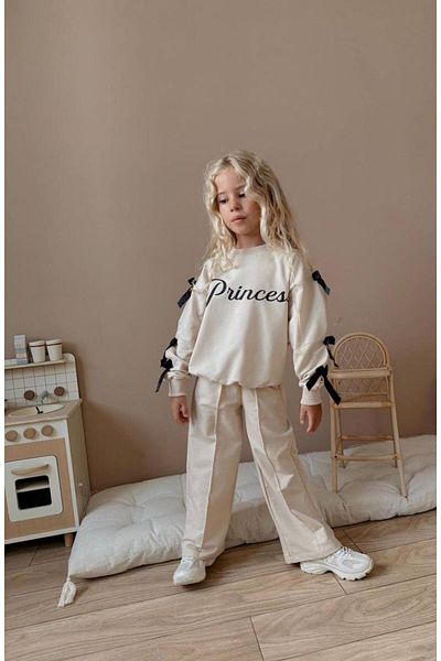 YİGİT BUTİK Bow Detailed Printed Girl's Top and Bottom Set