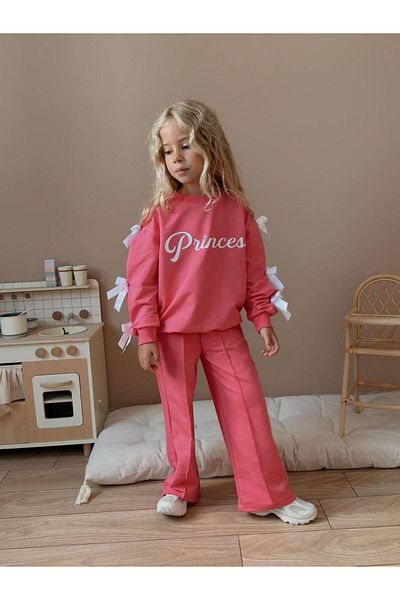 YİGİT BUTİK Bow Detailed Printed Girl's Top and Bottom Set