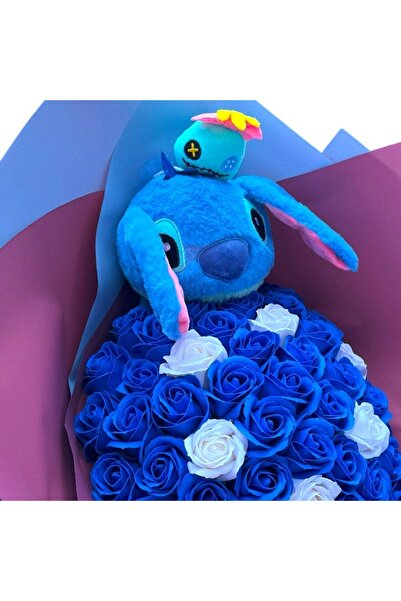 velve Buchet premium Stitch cu 51 trandafiri de sapun, Albastru-Alb