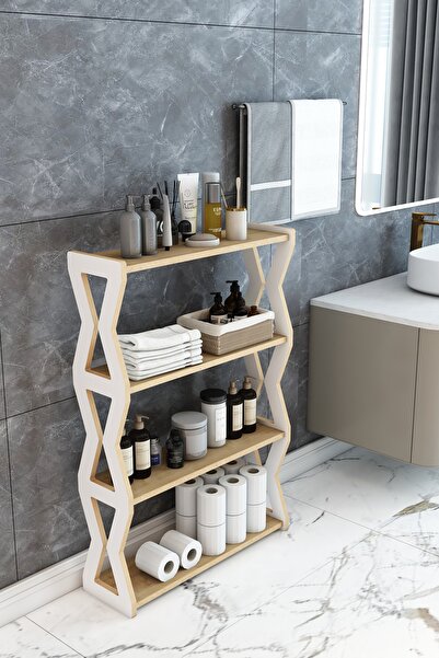 Jest Dekor Konsept Zühre Beyaz - Safir Meşe - 4 Katlı Ahşap Banyo Rafı/Baharatlık-Mutfak Rafı, Çok Amaçlı Dekoratif Raf