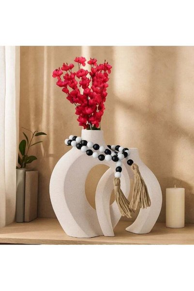 Generic Ceramic Flower Vase set of 2 with Red Flowers and Colourfull Wooden B...