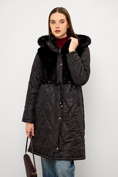 Olcay Removable Fur Hooded Plush Garnished Quilted Coat Black 6781