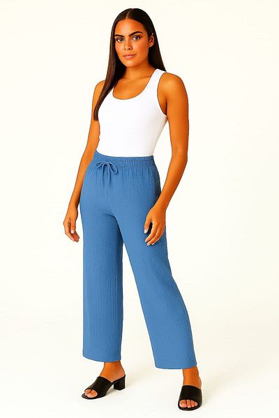 enmodaiçgiyim Blue 100% Cotton Muslin Fabric Wide Leg Comfortable Fit Women's Trousers with Two Pockets