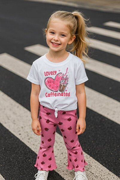 Kids Göbeği bağşamalı baskılı t-shirt ve ispanyol paça taytlı takım