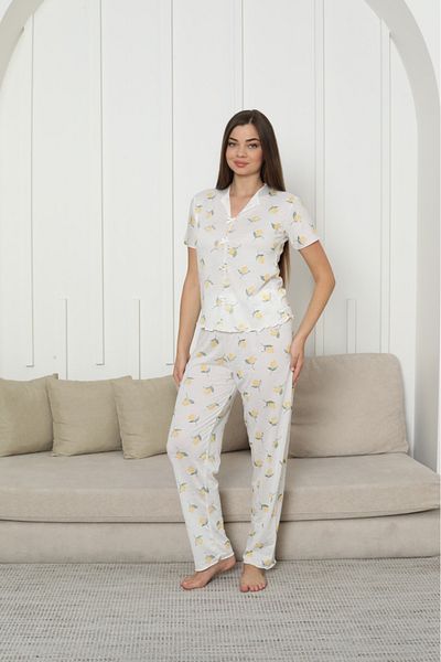 Sude HOMEWEAR Women's Knitted Fabric Blue Flower Pattern Short Sleeve Pajama Set