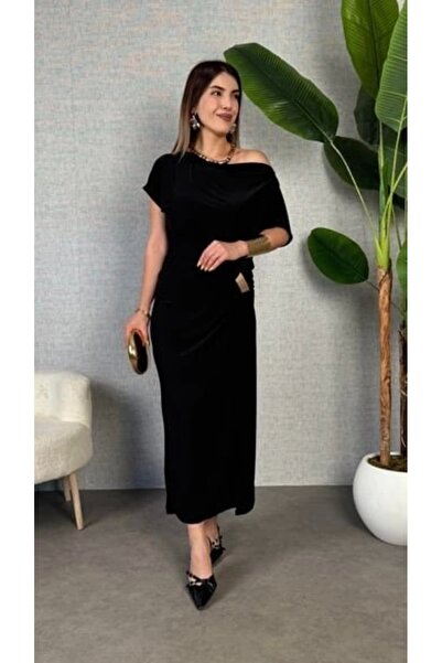 MODA فستان نسائي قصير الأكمام بكتف واحد وخصر مطاطي بلون الرمل