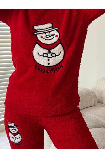 FERZOLAİO Snowman Embroidered Red Plush Pajama Set