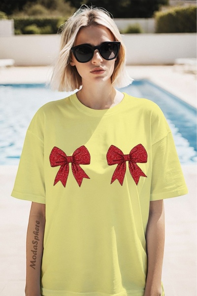 AR&YOS Christmas New Year Glittering Bow Printed Unisex Oversize T-Shirt