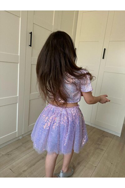 Magu Girls' Cotton Lilac Sequined Puffy Skirt - Sparkling Stylish Design