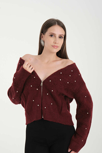 İLKCET MODA Pearl Stone Women's Stretchy Knitwear Pocket Cardigan
