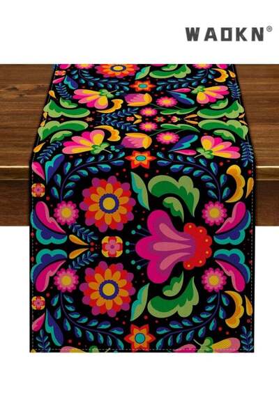 Generic WAOKN Table Runner72inches Long Festival Vintage Abstract Symmetry Floral Flowers Coffee Table Runn